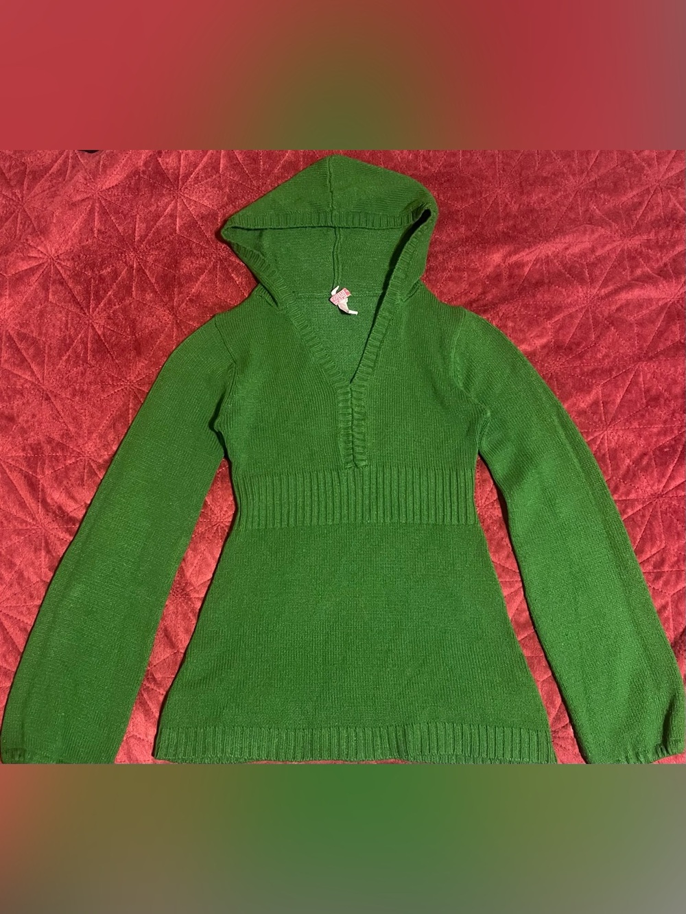 Vintage Y2K Derek Heart Green Hooded Babydoll Womens Sweater Knit V-Neck
